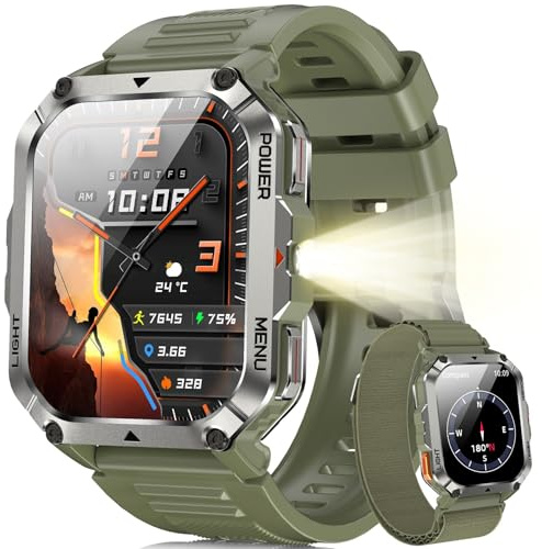 Blackview Reloj Inteligente Hombre Militar - Linterna y Brújula, 2.01Smartwatch Hombre con 100+ Modos Deportivos, Llamadas Bluetooth/Notificación, Pulsómetro/Oxímetro/Sueño, Pulsera Actividad(Verde)