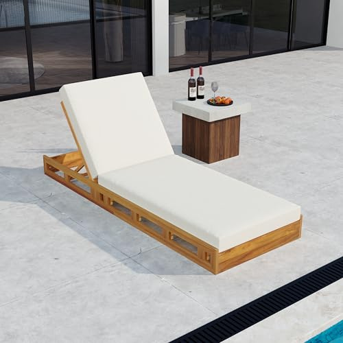 Merax Patio Chaise Lounge with Adjustable Backrest & Cushion, Acacia Wood Recliner Chair with Teak Finish for Backyard Pool Garden
