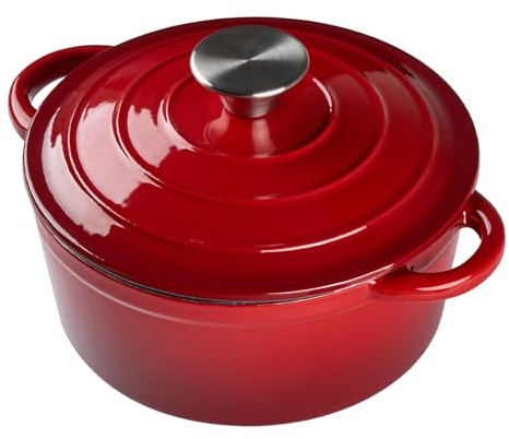 Warmiehomy Olla de hierro fundido esmaltado con tapa, horno holandés profundo antiadherente rojo de 4 L para hornear pan, cacerola de hierro fundido con tapas para inducción y apto para horno, 24 cm