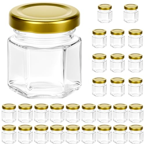 QWORK® 30 Pezzi Mini Vasetti Esagonali, 45 ml, Mini Vasetti in Vetro per Miele con Coperchi Dorati