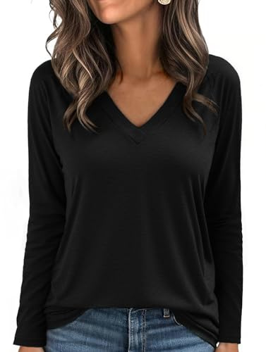 Aottori T-Shirt à Manches Longues Femme Col V Chic élégant Lâche Haut Décontracté Tee Shirt Tunique Basic Top Tshirt Pull Noir M