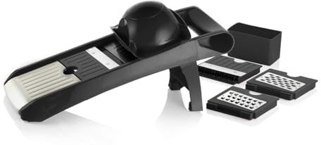 QULINART Mandolino da cucina multifunzione 3 tagli, julienne, dadi, affettare, grattugiare, lame in acciaio inox 304, corpo in ABS/TPE con spinta, tagliaverdure regolabile, facile da pulire, nero