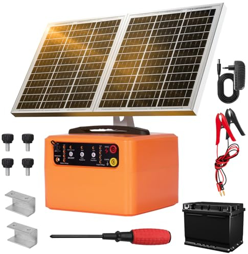 48KM Solar Pastor Electrico con Batería, 6KV-12KV pastor electrico Cerca eléctrica Controlador, 0.3-1.5J Cerca eléctrica Pastor para Cría de animales pastores, para Granja Pastar Jardín (Orange)