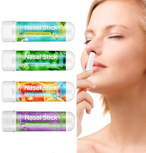 AYVRUOP Nasal Stick 4 Pack,Soulagement Rapide d'un Nez Bouché,Inhalateur Nasal D'aromathérapie à la Menthe,Inhalateur Huiles Essentielles