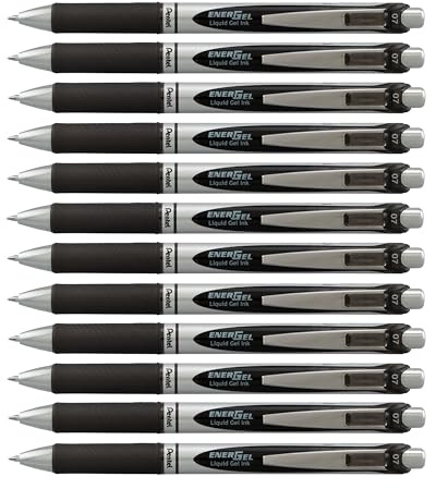 Pentel EnerGel RTX Retractable Liquid Gel Pen, (0.7mm) Medium Line, Metal Tip, Black Ink, Box of 12 (BL77-A)