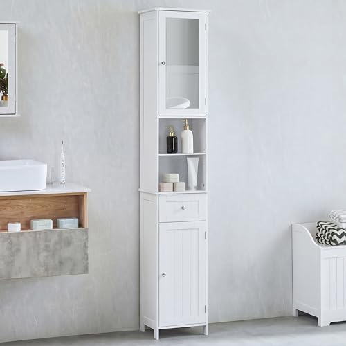 Bath Vida Priano Tall Mirrored Bathroom Cabinet Storage Cupboard Floor Standing Tallboy Unit, White