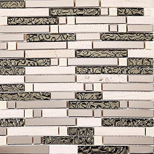 Polished Steel, Natural Stone and Silver Glass Brick Shape Mosaic Tile Sheet (MT0146)