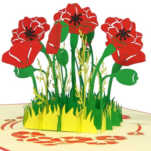 LIN17612, POP UP Karte - rote Mohnblumen - 3D Geburtstags-Karte - Muttertag - Gruß-Karte mit Blumen-Motiv - Klapp-Karte - Rot Mohnblumen, N355