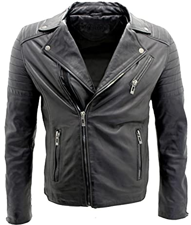 Infinity Leather Chaqueta para Hombre en 100% Cuero Negro con Doble Cremallera Cruzada Estilo Motociclista Brando Slim Fit S