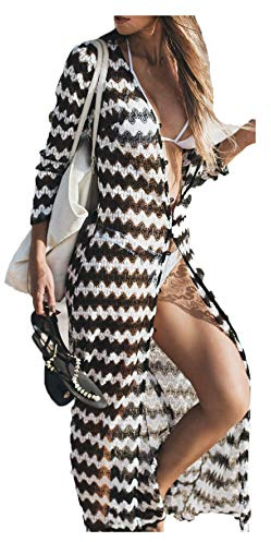 NLAND Vestido de Playa de Encaje para Mujer Vestido Playero de Manga Larga a Rayas Cárdigan de Playa de Punto Largo para Mujer