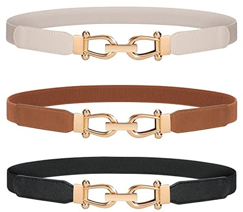 JASGOOD 3 Pack Women Stretchy Waist Belt Retro Elastic Skinny Belt for Ladies with Gold Buckle