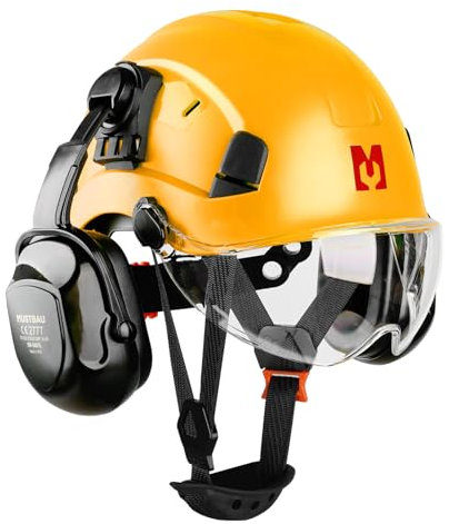 Mustbau Casque de Sécurité, Casques de Protection EN397 avec Coquilles Antibruit et Visière, 53 à 63 cm Tour de Tête Réglable, Matériau ABS Résistant pour Hommes Femmes - Jaune