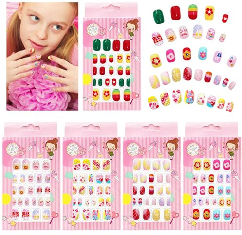 ZOCONE 120 PCS Uñas Postizas de Niñas Cubierta Completa Cortas Uñas Falsas de Niños Dibujos Animados Lindo 5 Cajas, Cumpleaños Navidad Regalo para Niñas Niños (E)