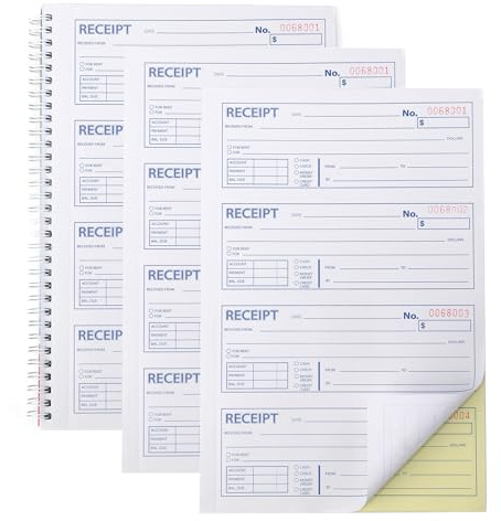 3 Packs Professional Money and Rent Receipt Book Two Part Self Copy Spiral Bound