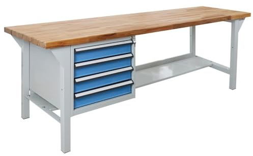 Steinbock Werkbank mit 4 Schubladen | 500 kg Tragkraft | HxBxT 85 x 200 x 75 cm | Lichtblau | 5 cm Starke geölte Massivholz-Arbeitsplatte | stabiles Stahlgestell | Made in EU | Werktisch
