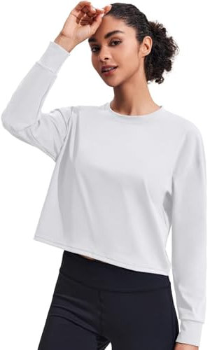 PINSPARK Damen Sport T-Shirt Langarm Kurz Sport Oberteile Atmungsaktiv Sportshirt Locker Athletisch Funktionsshirt Langarm Laufshirt Fitness Crop Top Yoga Weiß L