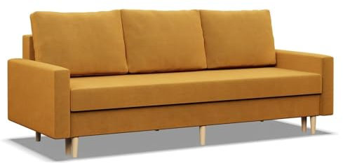 Mebligo - Sofa Mit Schlaffunktion und Bettkasten Blank, 3 Sitzer 212 cm Breit, Schlafsofa Mit Bonellfederkern im Sitz, Ausziehbares Couch auf Holzfüßen, Wohnzimmer - Gelb
