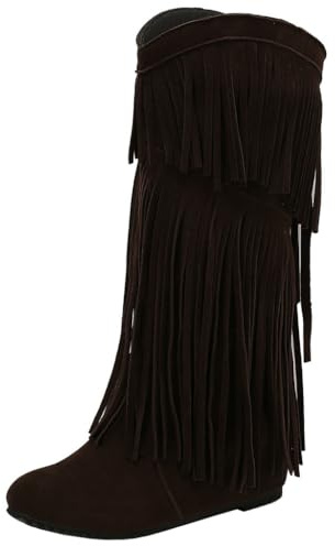 DINTAHA Flat Fringe Cowboy Boots Faux Suede Cowgirl Boots Knee High Boots Flat Tassel Western Boots