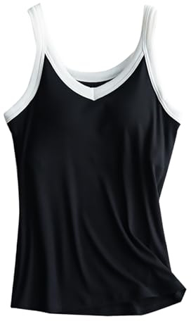 Top con sujetador integrado de algodón – Camiseta de tirantes para mujer, negro, cuello en V, sujetador con tirantes anchos, camiseta de tirantes de verano, camisetas de tirantes y camisetas de