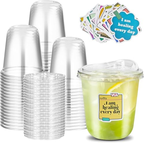 Xlong 25 Sets Clear Plastic Cups with Strawless Sip Lids 12 Oz Disposable Round Bottom Iced Coffee Cups with Lids and Inspiring Stickers for Cold Drinks,Juice, Bubble Boba Tea,Smoothie, To Go Cups