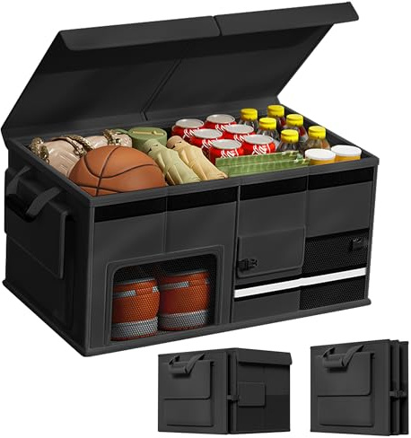 GwaOery Boot Organiser 60L Foldable Multi Compartment Car Trunk Organizer, Partitioned Large Capacity Car Storage Box Thick Waterproof and Wear Resistant Strap Handle