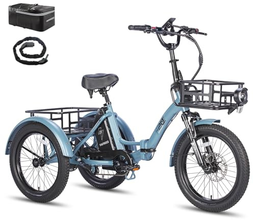 Fafrees F20 Mate Elektro Dreirad, E-Bike 3 Rad 48V 18.2Ah Akku, E Bike Klapprad 20 * 3.0 Zoll, Reichweite bis zu 55-110Km, 65N.m Dreirad Lasten für Erwachsene (Vorderkorb + Kleiner Korb, Blau)