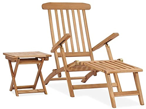 HaoChrymec Transat de Jardin, en Teck Massif avec Table et Repose-Pieds, 5 Positions Réglables, Transat Jardin Exterieur et Bains de Soleil, pour Terrasse et Jardins, Dimensions 159x58x91 cm