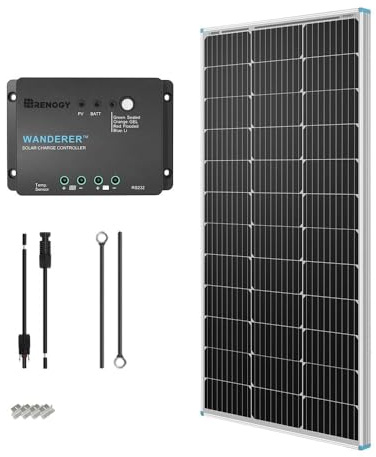 Renogy 100W 12V Solar Panel Starter Kit, 100 Watt Monocrystalline Solar Panel, 30A LCD PWM Charger Controller, Adaptor Kit, Tray Cables, Z Brackets for RV, Camper, and Other Off Grid Applications