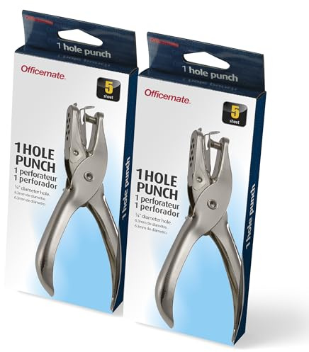 Officemate Single Hole Punch - 5 Sheet Capacity, Nickel Plated Hand Punch, 0.25-Inch Hole Size Paper Puncher, Silver, 2-Pack