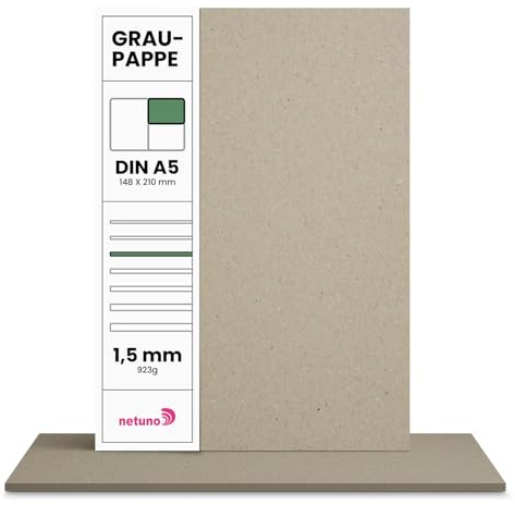 Netuno 100x Graupappe DIN A5 14,8 x 21 cm 923g Graukarton 1,5 mm Buchbinderpappe Bastelarbeiten Buchbinderarbeiten graue Pappe zum Basteln Kalendergestaltung Buchbinder Zubehör Buchbinderkarton grau