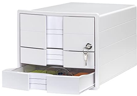 HAN Schubladenbox IMPULS 2.0 abschließbar mit 3 geschlossenen Schubladen für DIN A4/C4 inkl. Beschriftungsschilder, Unterlagenbox, Boden mit Auszugsperre, möbelschonende Gummifüße, 1018-12, weiß