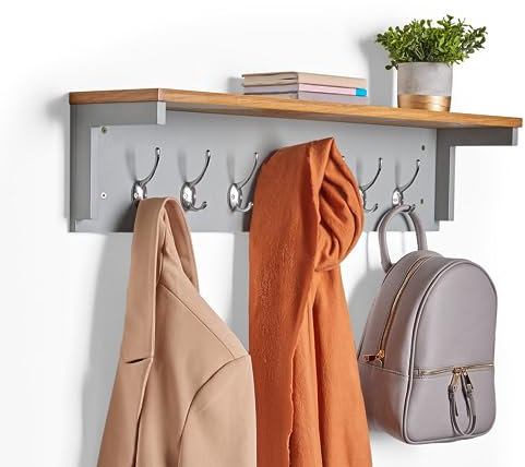 VonHaus Coat Hooks Wall Mounted - Grey Coat Rack with Shelf & 7 Strong Double Hooks – Wall Mounted Jacket Hanger Hallway Organiser with Melamine Wood Effect for Hall & Entryway - Ash Hall
