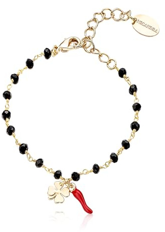 NICANDRA Bracciale Donna e Uomo Oro - Gioiello con Ciondolo Portafortuna Cornetto Rosso e Quadrifoglio in Acciaio Inossidabile - Realizzato a Mano Regolabile da 16 a 22 cm - Made in Italy
