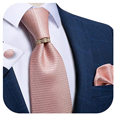 DiBanGu Cravatte di seta da uomo e anello dorato in tessuto tascabile quadrato gemelli con confezione regalo Paisley Stripe solido cravatta formale matrimonio, Rosa tinta unita., Taglia unica