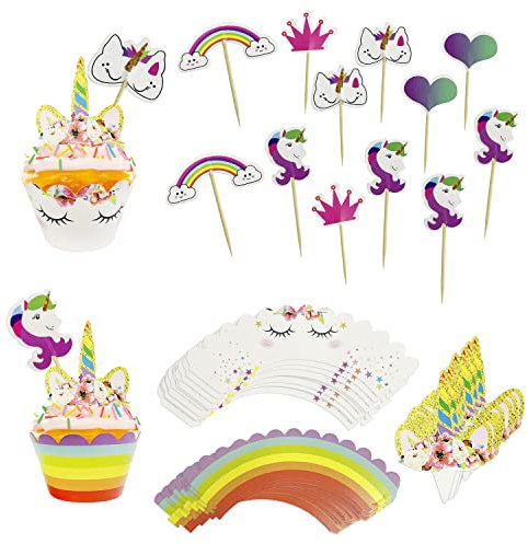 24 piezas de adornos de animales para tartas con 12 piezas de inserciones de arcoíris para tartas de animales, decoración de cupcakes, decoración de magdalenas para fiesta de cumpleaños