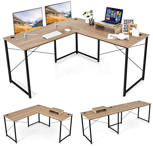 COSTWAY Schreibtisch L-Form, reversibler Eckschreibtisch mit Monitorständer, Ecktisch mit 3 Kabellöchern, Gaming Computertisch Bürotisch für Home Office, 150 x 150 x 74 cm (Eiche)