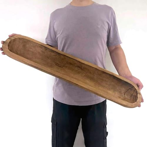 Cuencos de madera decorativos, 30 pulgadas, cuencos largos para pan, bandeja de madera, tallados a mano para decoración de centro de mesa, decoración del hogar (30 x 6 x 2 pulgadas, marrón)