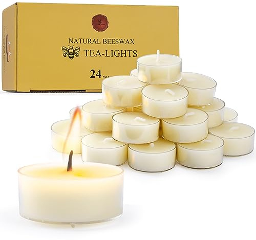 Natural Beeswax Tealight Candles - 24 pcs - Organic Small Candle Natural Scent Smokeless Clean Burning-White