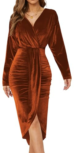 NiPaMi Women's V Neck Long Sleeve Ruched Dress Sexy Velvet Cocktail Party Evening Club Midi Dresses