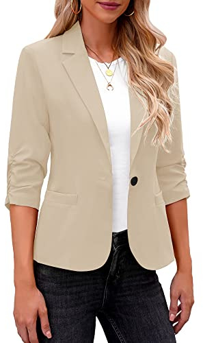 Roskiky Blazer Mujer Elegante Chaqueta de Mujer Elegante Manga 3/4 Blazer Negocios Casual Conjuntos para el Trabajo, caqui, M