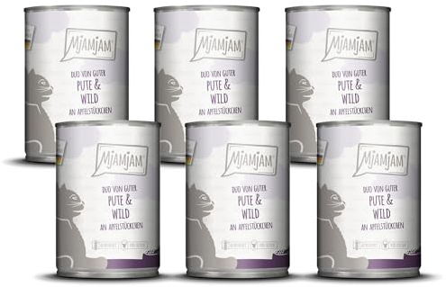 MjAMjAM - Nourriture Humide Premium pour Chats - Duo de Bonne Dinde & gibier aux Morceaux de Pomme, Pack de 6 (6 x 400g), sans céréales avec Un supplément de Viande