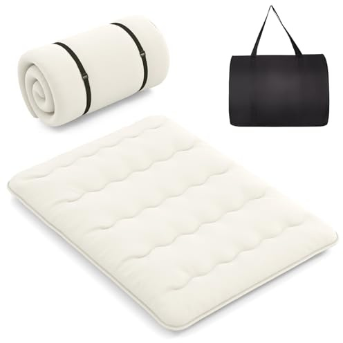 LIFEZEAL Futón Japonés 90/140 x 200 cm, Colchón Cama Individual/Doble, Futón Tatami Plegable y Portátil con Bolsa de Transporte, Desenfundable y Lavable a Máquina (Beige, 90 x 200 cm)