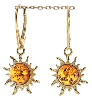 Pendientes de ámbar de Artisana, modernos pendientes sol con ámbar, engastados en plata de ley 925/000 chapada en oro, Gesamtlänge je 3,4 cm , Breite 1,4 cm, Plata de ley 925/000 chapada en oro
