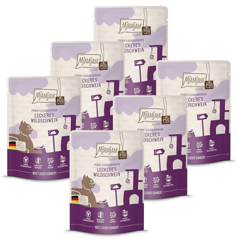 MjAMjAM - Nourriture humide premium pour chats - Quetschie Pur plaisir de la viande - délicieux sanglier pur, paquet de 6 (6x300g), sans céréales