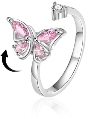 Anillo giratorio de platino antiansiedad, con diseño de mariposa y flor, ajustable, ideal para mujeres y niñas.