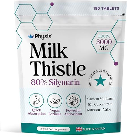 Physis Milk Thistle High Strength Food Supplement | 80% Silymarin | Milk Thistle Seeds | 180 x Tablets | Vegan Food Supplement | Made in Britain