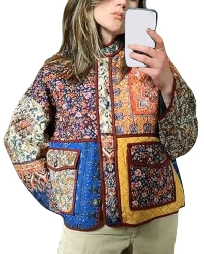Veste Patchwork Rembourré en Coton Veste matelassée Courte pour Femme - Cardigan imprimé Floral - Manches Longues - Avant Ouvert - Court rembourré - Manteaux matelassés