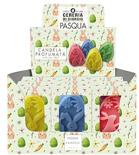 Cereria Di Giorgio - 12 Candele Profumate a forma di Uovo con Coniglio Pasquale - 4 Colori Assortiti - Lunghezza 5.5 cm Altezza 7.5 cm - Spring Collection - Astuccio Decorato - Idea regalo Pasqua