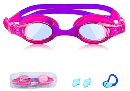 XFSRG Swimming Goggles Children's Swimming Goggles with Ear Plugs and Nose Clip Swimming Set Diving Goggles Children's Swimming Goggles Anti-fog with Adjustable Strap for Girls and Boys (Pink)