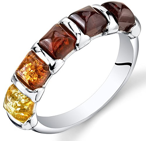 PEORA Genuine Baltic Amber Five-Stone Multicolor Half-Eternity Ring Band for Women in Sterling Silver, Comfort Fit, Size 7, Real Baltic Amber Ring for Adults, 100% Natural from Baltic Region